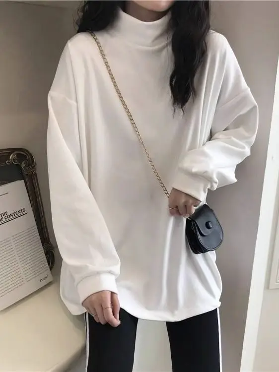 

Женская термофутболка больших размеров с длинным рукавом, высоким воротом, теплая, флисовая, скрывающая живот, базовая, осенне-зимняя, свободного кроя, повседневная