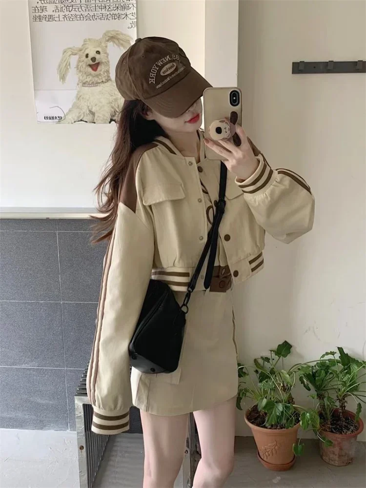 Hikigawa Chic Fashion Women 3 Sets Spring Striped Sweet Cool Y2k Baseball Clothes Jackets+Letter Camisole+High Waist Mini Skirt