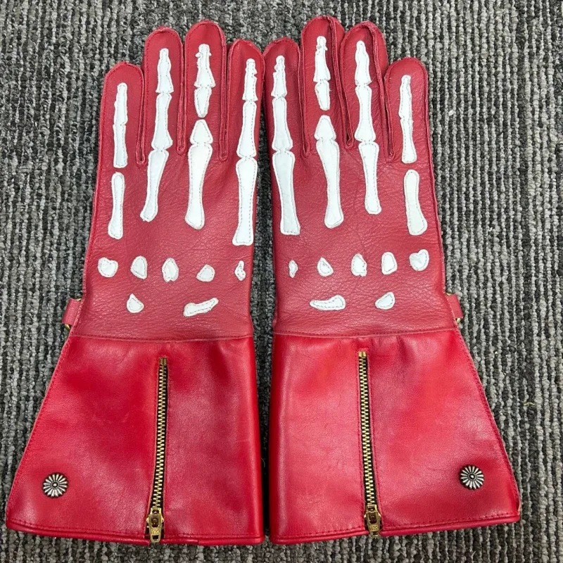 LUXURY Leather Arm Warmer Vintage Deerskin Bone Motorcycle Gloves Winter Velvet Long Riding Gloves Zipper Guantes Invierno