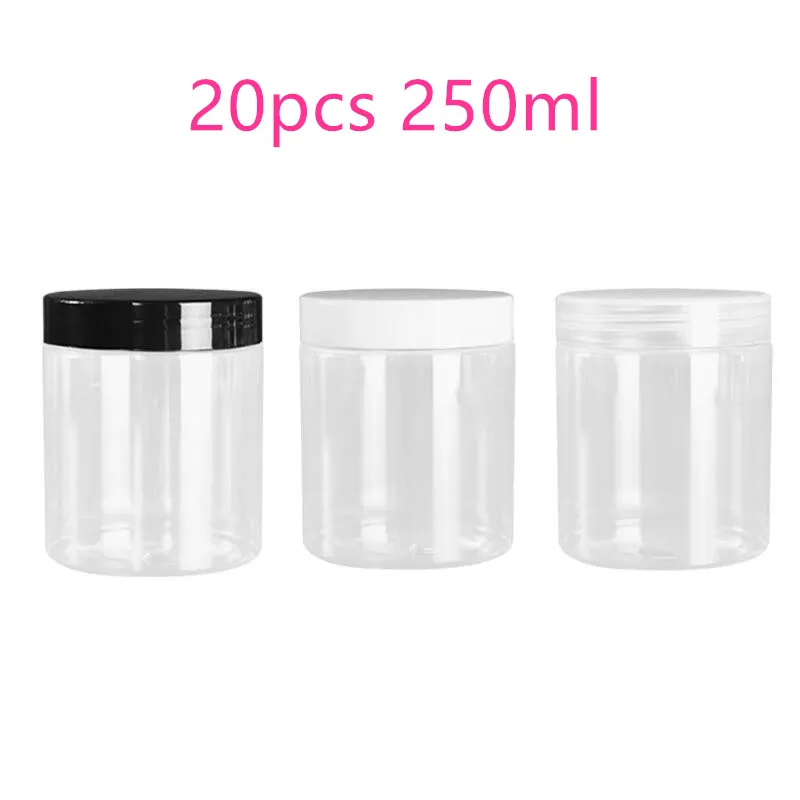 20pcs/lot 250ml Empty Cosmetic Cream Jar with Plastic Lid Clear Plastic Storage Container PET Makeup Pot Travel