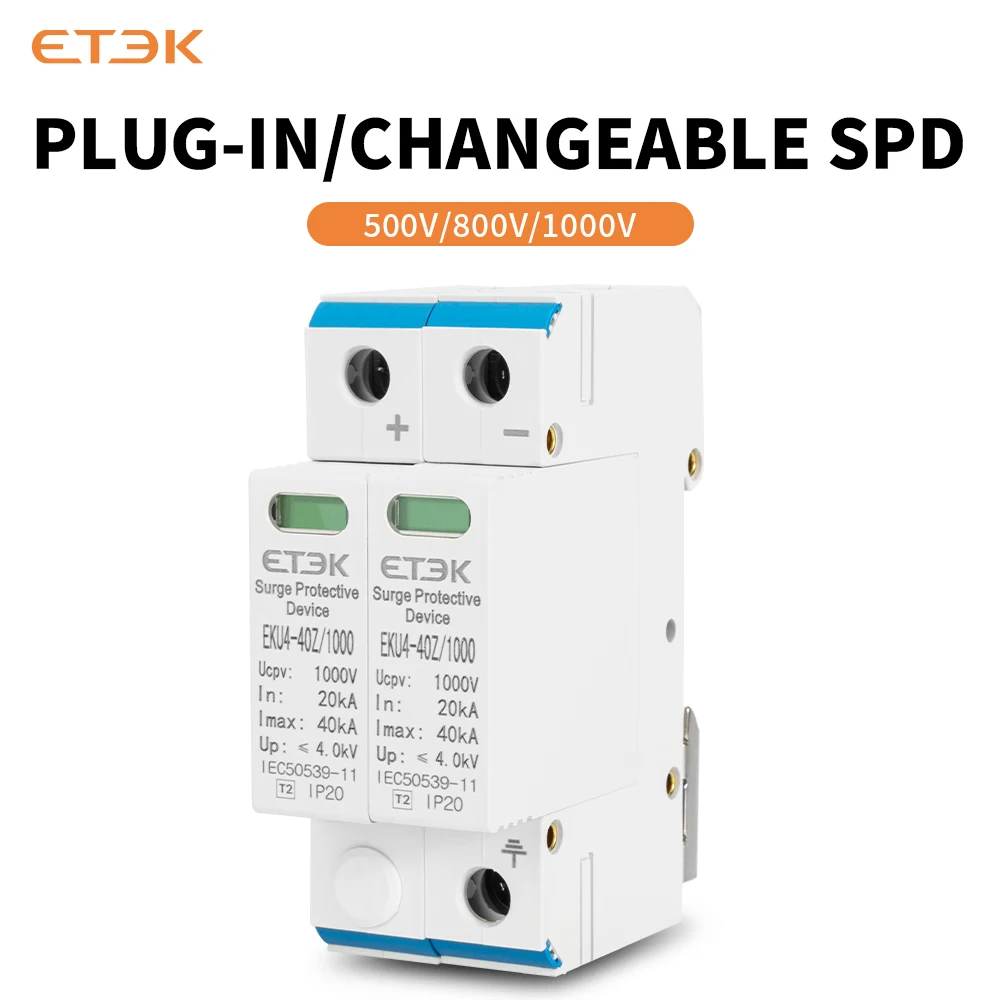 ETEK PV SPD Surge Protector for Solar Inverters 2P DC Type Photovoltaic System Protection 1000V 20-40PV EKU4
