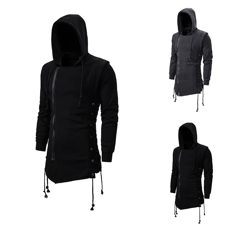 

2024 Foreign Trade Dark Hooded Loose Sweater European Men's Oblique Zipper Solid Color Fashion Hoodie Coat