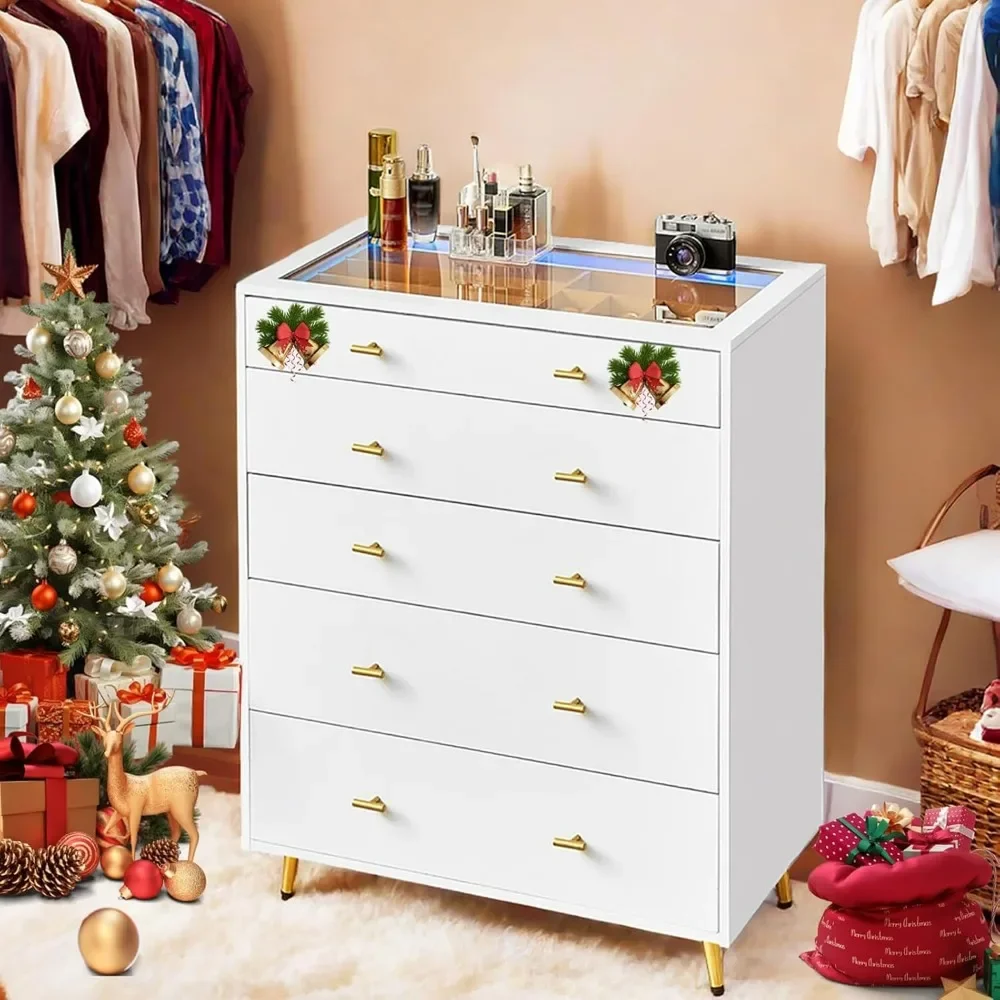 Nordic Minimalist 5 Drawer Dresser for Bedroom Tall, Glass with LED Lights, Wardrobe Closet Island as Jewelry Organize