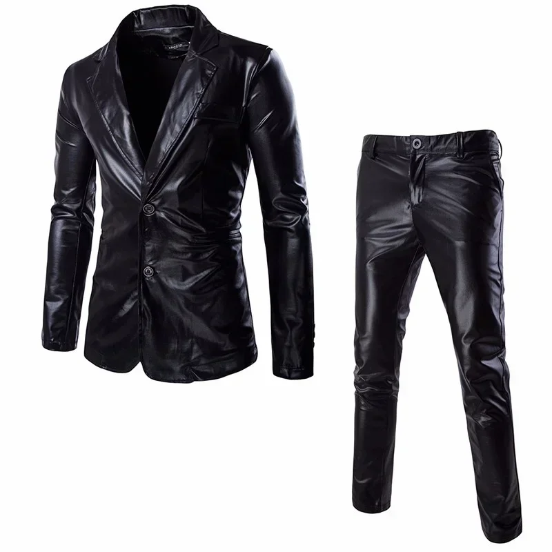 Men's Suit Slim Fit 2 Piece Set Solid Shiny Party Gold Silver Black Suit For Men Wedding Prom Blazer Jacket & Pants