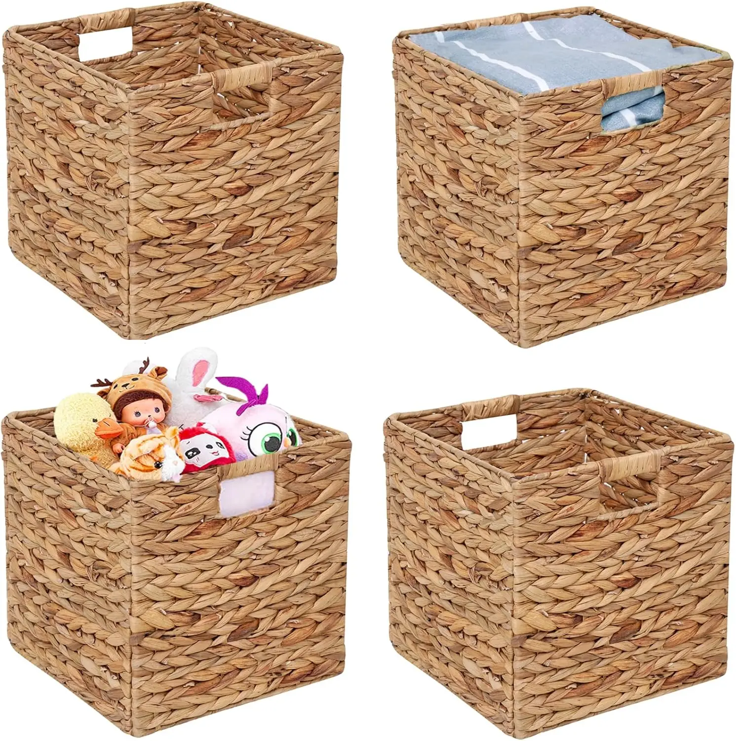 

Foldable Handwoven Water Hyacinth Laundry Organizer, Cube Storage Baskets 11x11inch Set of 4
