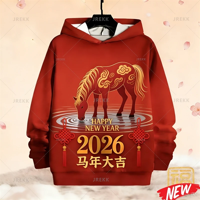 2026 الحصان العام هوديي الرجال رائجة البيع اللون الأحمر الحيوان الحصان نمط كم طويل البلوز القمم سنة جديدة سعيدة البلوز هوديس #1