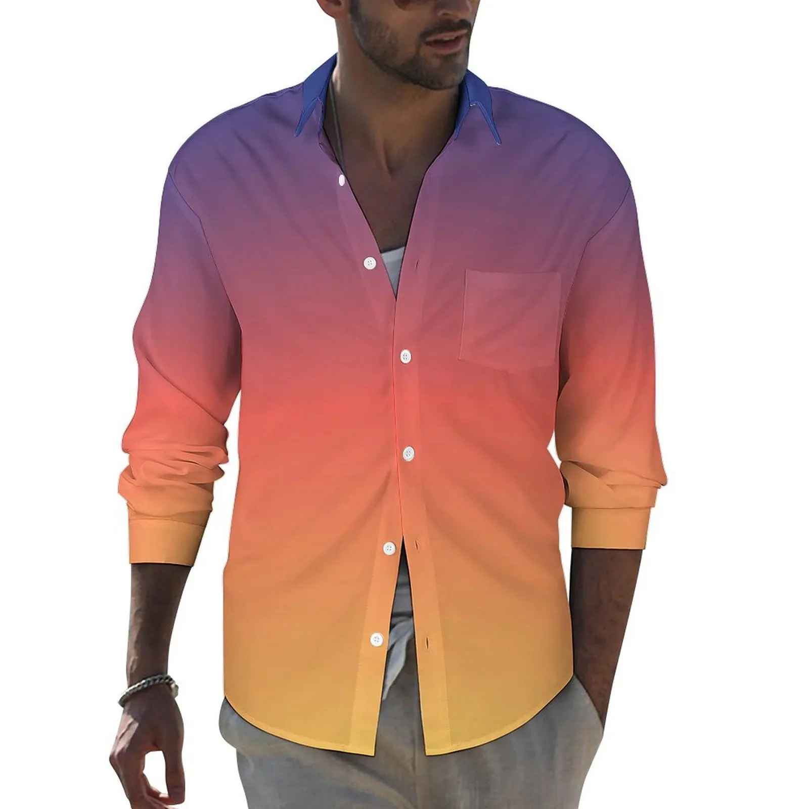 Kleurrijke Zonsondergang Casual Shirts Mannen Ombre Print Shirt Lange Mouw Nieuwigheid Y 2K Blouses Lente Grafische Tops Grote Maat