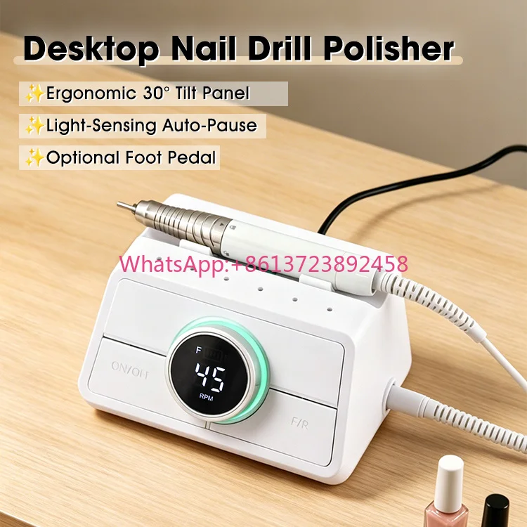 New 45000 RPM Professional Nail Drill with Smart Auto-Pause Sensor&Foot Pedal Operated Electric Nail File for Nail Salon