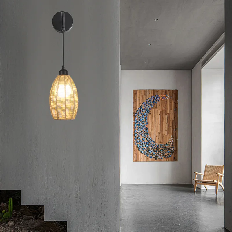

Southeast Asia Creative handmade weaving Vintage Industrial Style Lantern Wall Lamp Restaurant Bedroom Aisle Rattan Wall Lamp