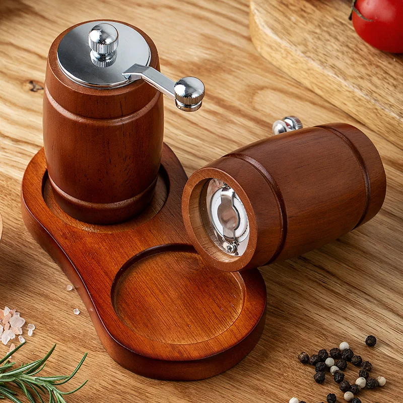 Creative Barrel Pepper Mill Set Solid Wood Manual Sea Salt Black Pepper Grinder Household Kitchen Freshly Black Peppercorns Mill