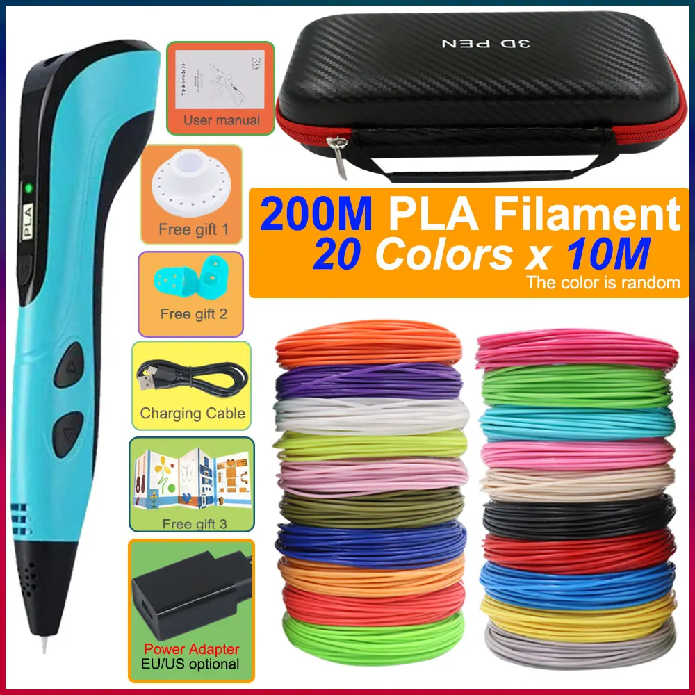 3D Kids Printing Pen 3D Pen With LED Display Power Adapter Colorful PLA Filament Travel Box Boys Girls Christmas Birthday Gift