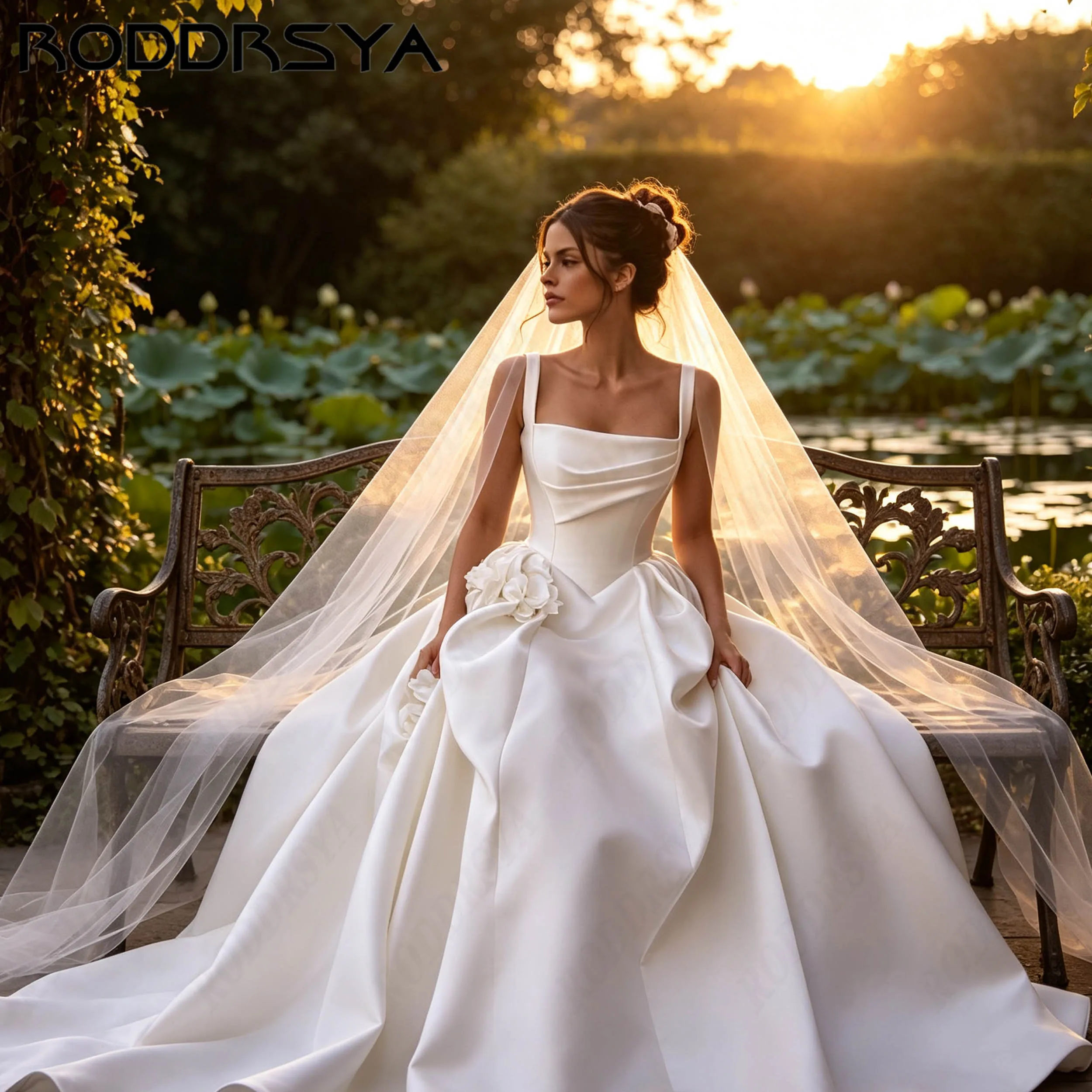 RODDRSYA Satin Brautkleid mit dünnen Trägern für Damen minimalistisch quadratischer Ausschnitt A-Linie Hochzeitskleid individuell anpassbar langes elegantes Kleid für Hochzeitszeremonie schlichtes