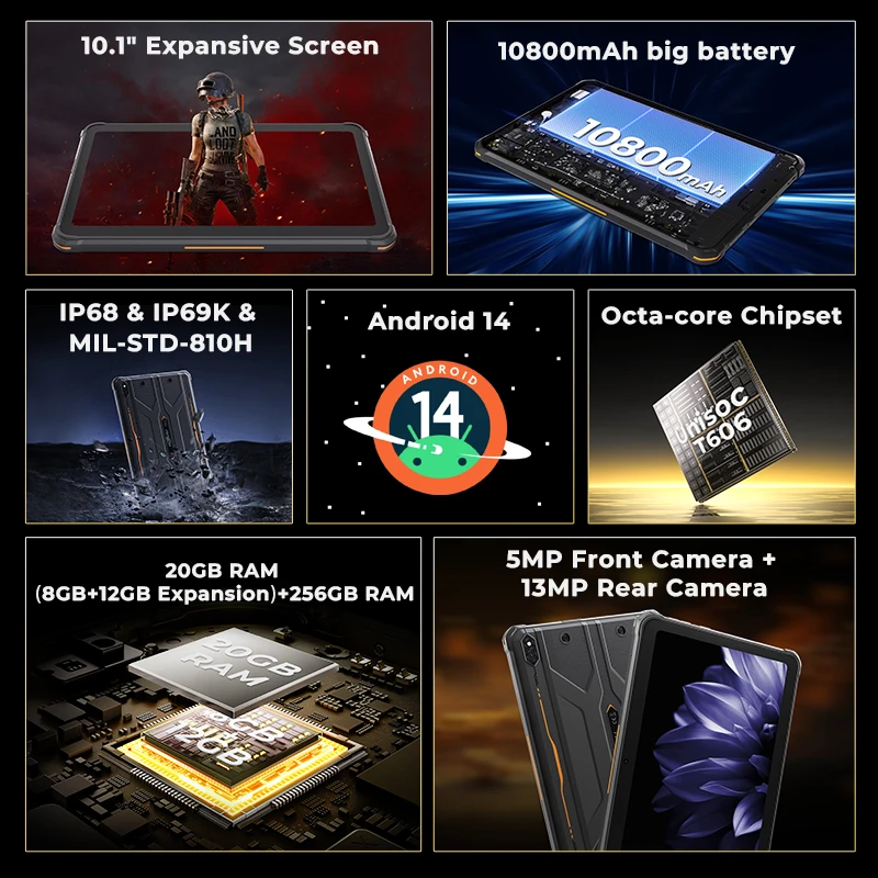 HOTWAV R10 Pro 4G Rugged Tablet 10800mAh Massive Battery 4G Global  10.1'' HD+ Display Pad Android 14 8GB 256GB 13MP Tablet PC
