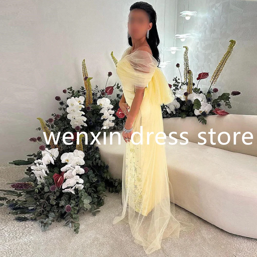 Exquisite Straight Yellow Tea Length V Neck Satin Sleeveless Evening Dress Elegant Pleats Crystal Flowers Saudi Arabia