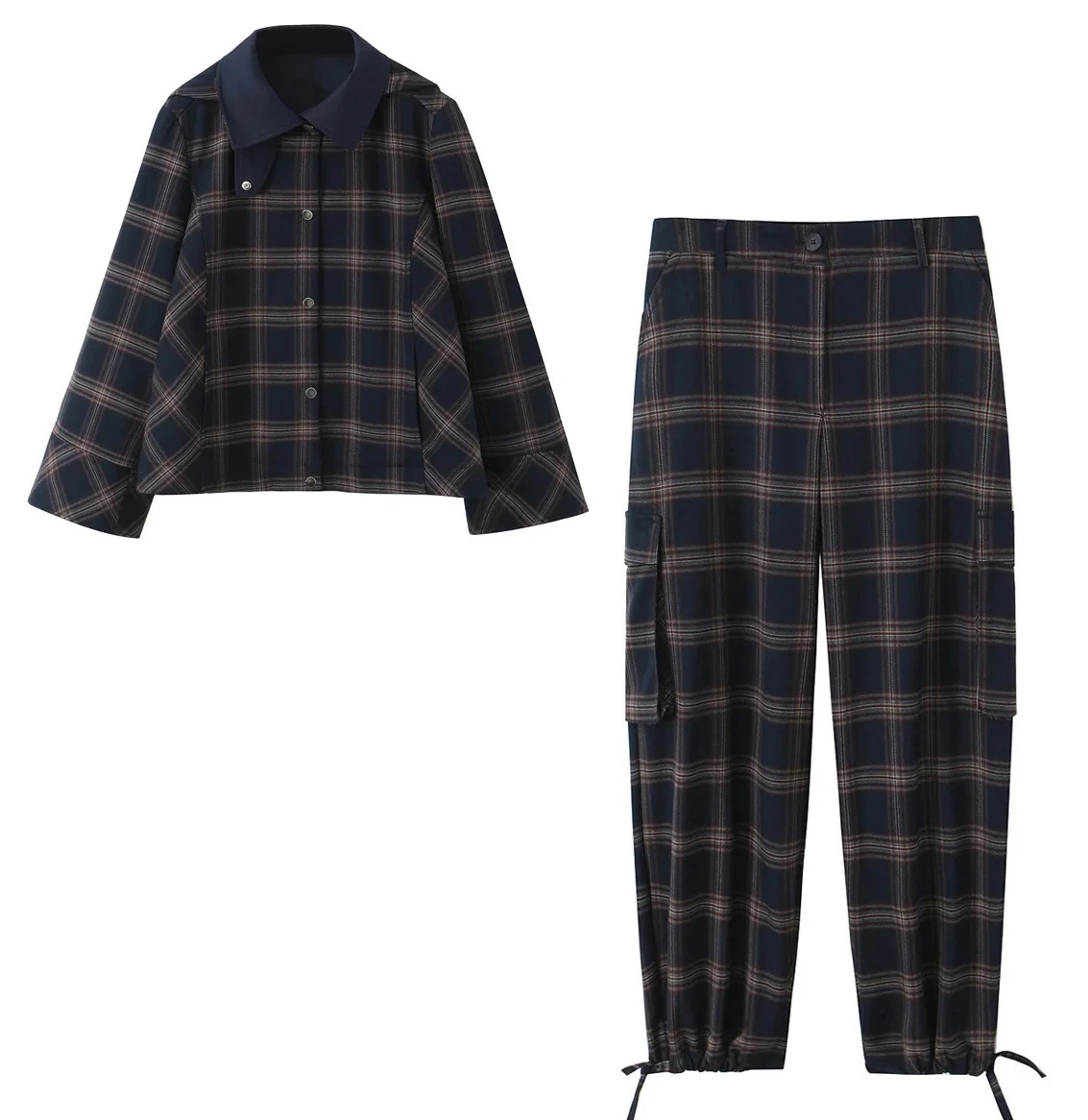 

New Women's Casual Fashion Loose Stand Collar Plaid Hooded Long-Sleeved Cotton Jacket + Lantern Cargo Pants