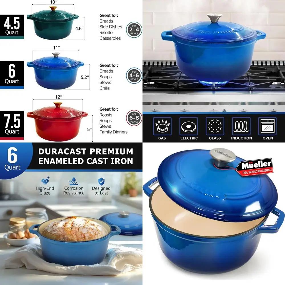 

6-Quart Aqua Blue Enamel Cast Iron Dutch Oven, Heavy-Duty Casserole & Braiser Pan with Lid and Knob, Oven-Safe up to 500°F, Comp