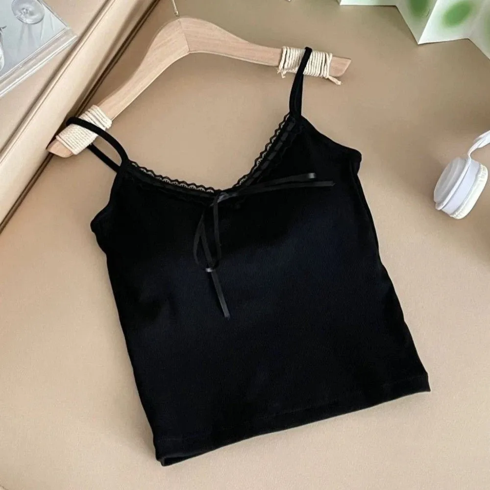 Fashion Sleeveless Slim Lace Crop Top Solid Color Sweet Girl's Vest Top Bottoming Shirt Y2k Camisole with Pads Summer