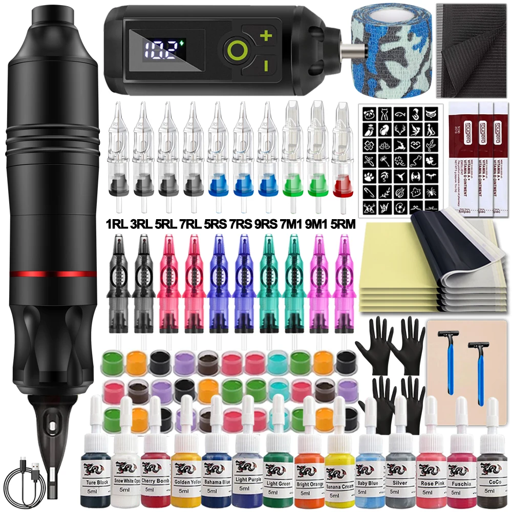 

Tattoo Machine Kit Tattoo Pen Machine Set with Wireless Power Supply Ballpoint Cartridge Needles Inks for Tattoo Beginner