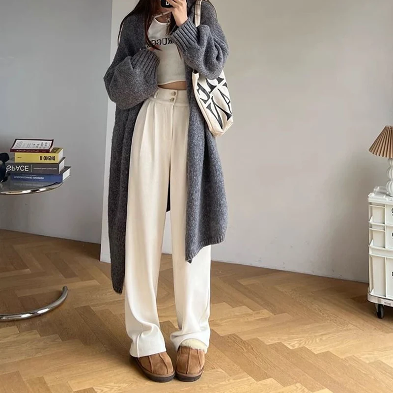 Female Korean Corduroy Suit Pants Girls High Waist Baggy Straight Leg Trousers Lady Classic Designer White Thin Pants