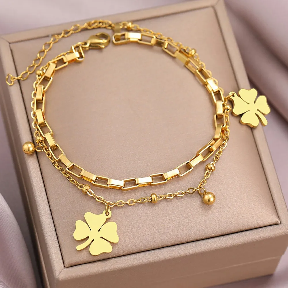 

luxury brand Stainless steel bracelets Lucky woman 2025 four leaf clover pendant double-layer fashionable bracelet