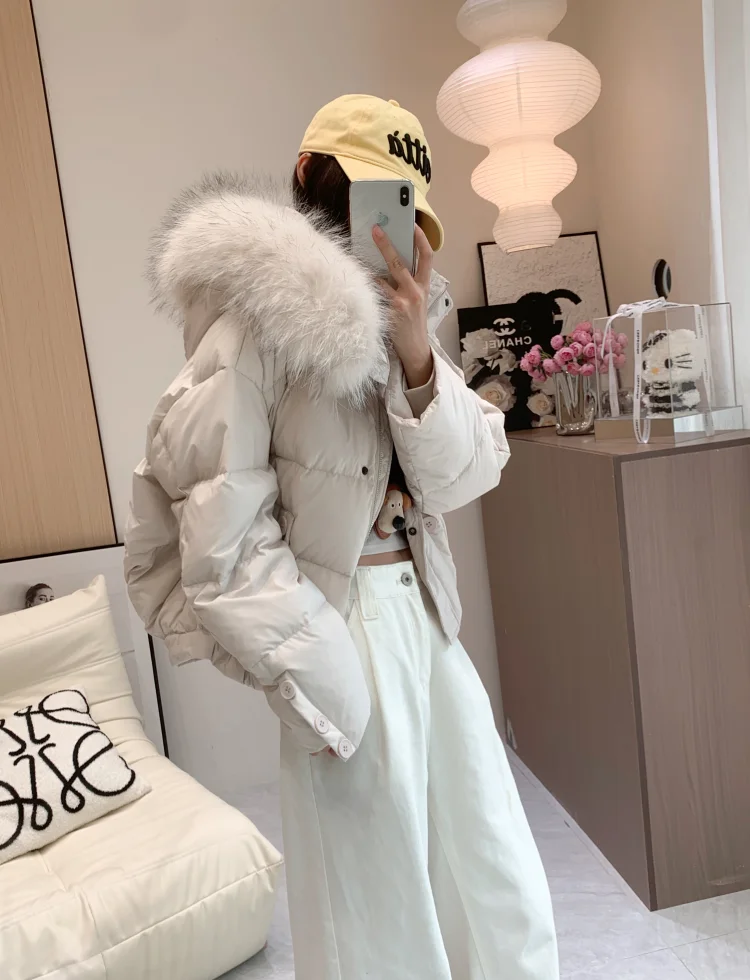Winter warmer Mantel Fuchs Pelz kragen Daunen jacke für Frauen Kapuze Loose Fit 2024 neue weiße Enten Daunen mäntel abrigo mujer