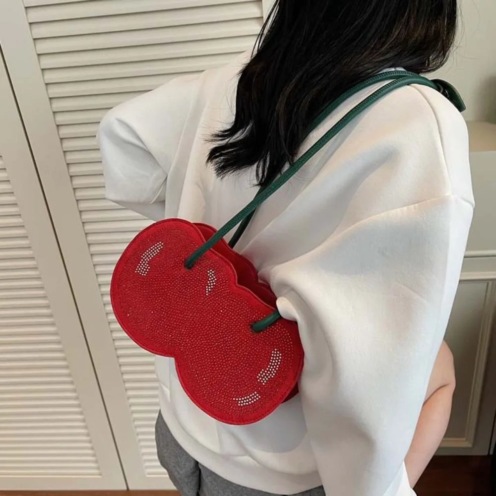 

Sweet Cherry Shape Underarm Bag Anti-splash Water Large Capacity Red Fruit Handbag Polyester Creative PU Rhinestone Bag Vacation