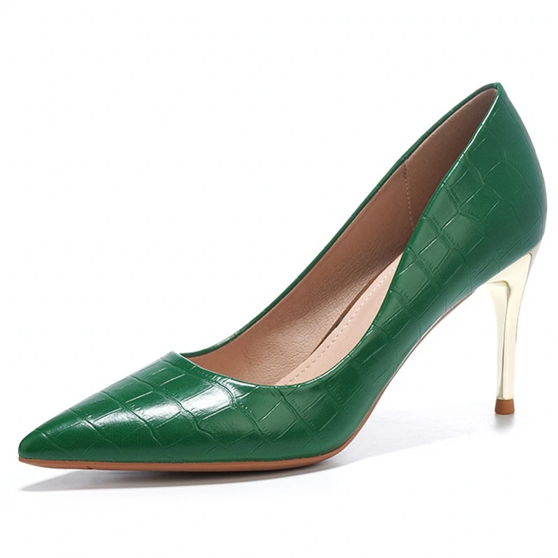 

Spring Autumn Design Stone Pattern Thin High Heels Office Work Pointed Toe Shoes For Women Lady Yellow Green Black Pumps E0015