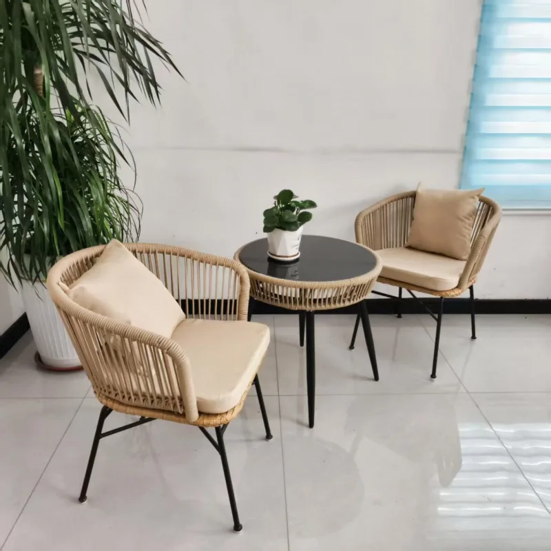 

Balcony rattan three-piece leisure outdoor high-end small round table and modern simple garden chair