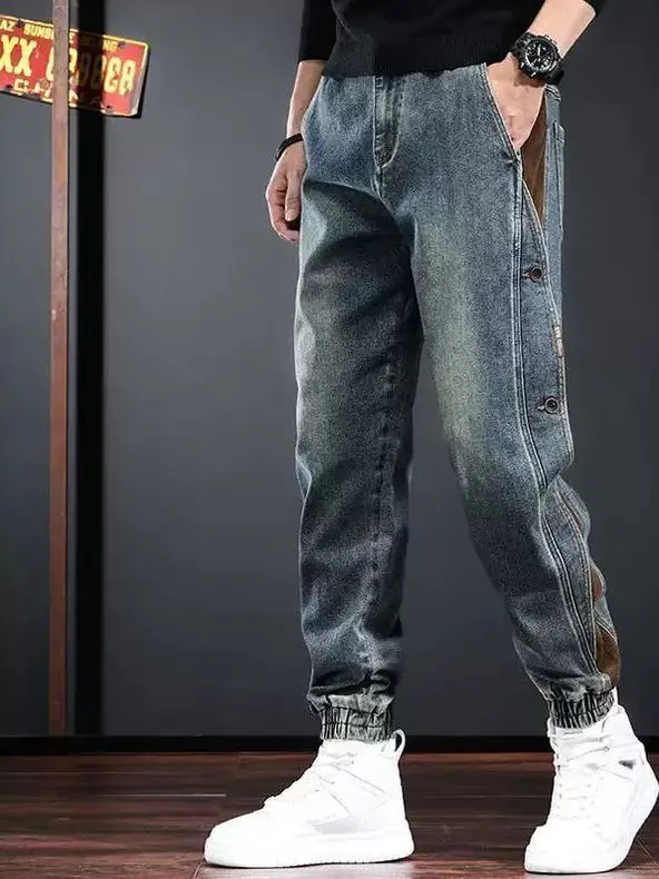 Calças de Trabalho Estilo Americano, Novas, Pesadas, com Recortes, Moda Casual Masculina de Outono, Jeans de Denim com Punhos...