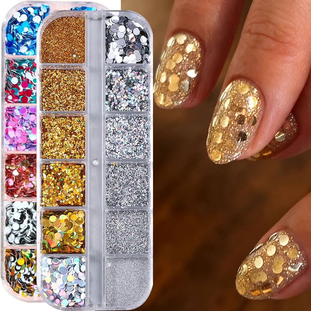 Paillettes rondes holographiques pour ongles, tailles mixtes, flocons d'or et d'argent, Design à pois, décor de manucure rond, 1/2 boîtes