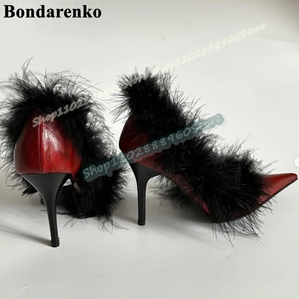 

Sexy Red Leather Shallow Feather Pointy Pumps Thin High Heel Women Shoes Slip On Pointed Toe Party Trendy Zapatos Para Mujer
