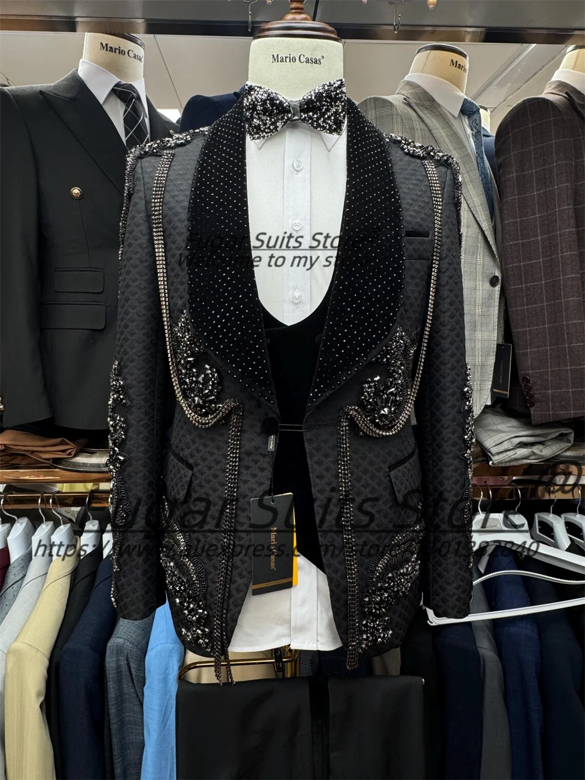 Luxuly Abiti da sposa per uomo Personalizzato Slim Fit Scialle Risvolto 3 pezzi Set Strass lucidi Blazer da ballo maschile Elegante Ropa Hombre