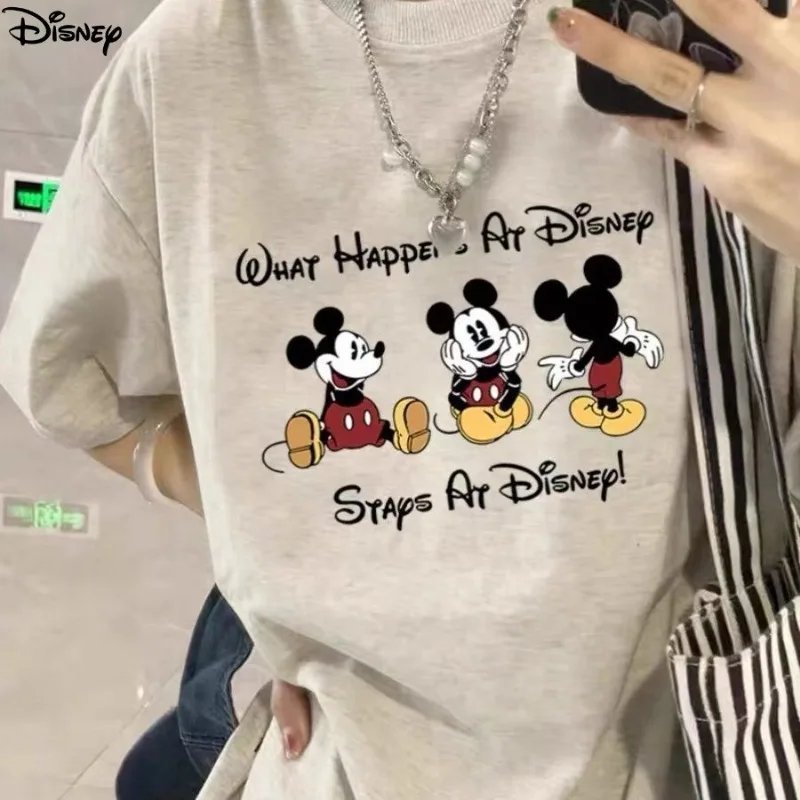 تي شيرت ديزني كارتوني لطيف محيطي مطبوع عليه ميكي بأكمام قصيرة للنساء والرجال للأزواج صيفي فضفاض متعدد الاستخدامات