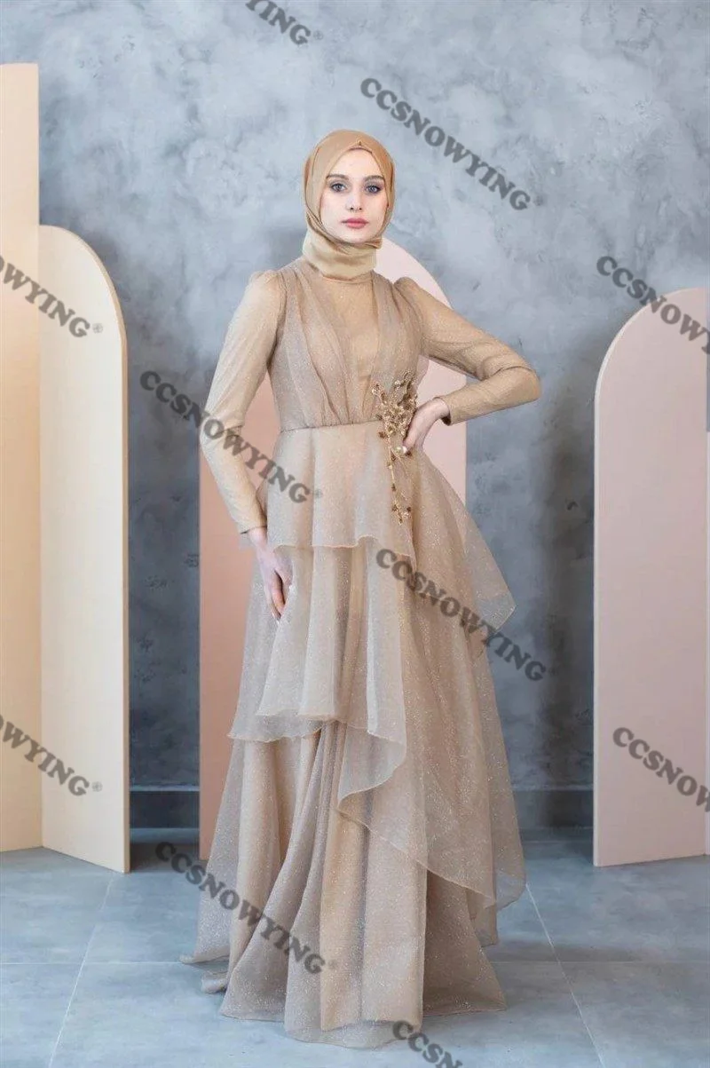 

Chiffon Appliques Beaded Muslim Evening Dresses Long Sleeve Islamic Formal Party Gowns High Neck Women Arabic Robes De Soirée