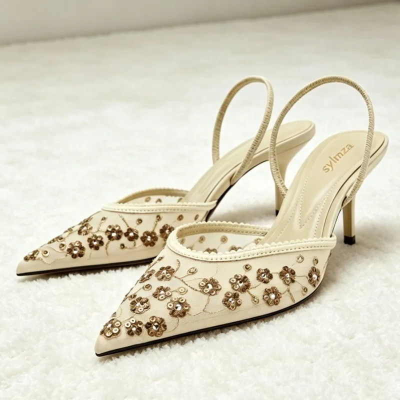 

Embroidered Mesh High Heels for Woman Fashion Glitter Flower Details Slingback Sandals Elegant Pointed Toe Wedding Bridal Shoes
