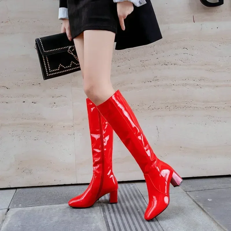 Autumn Winter Boots for Women Mid Calf Boot Zipper Cover Heel PU 6CM Knee Over Boots for Stage Performances Women Shoes White