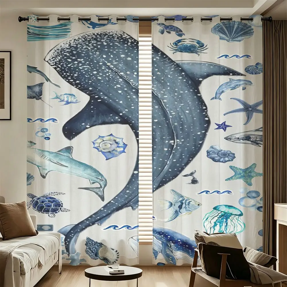 2 Panels Ocean Shark Printed Curtains Blue Sea Life Theme Window Drapes 85% Blackout Curtains for Bedroom Living Room Decor