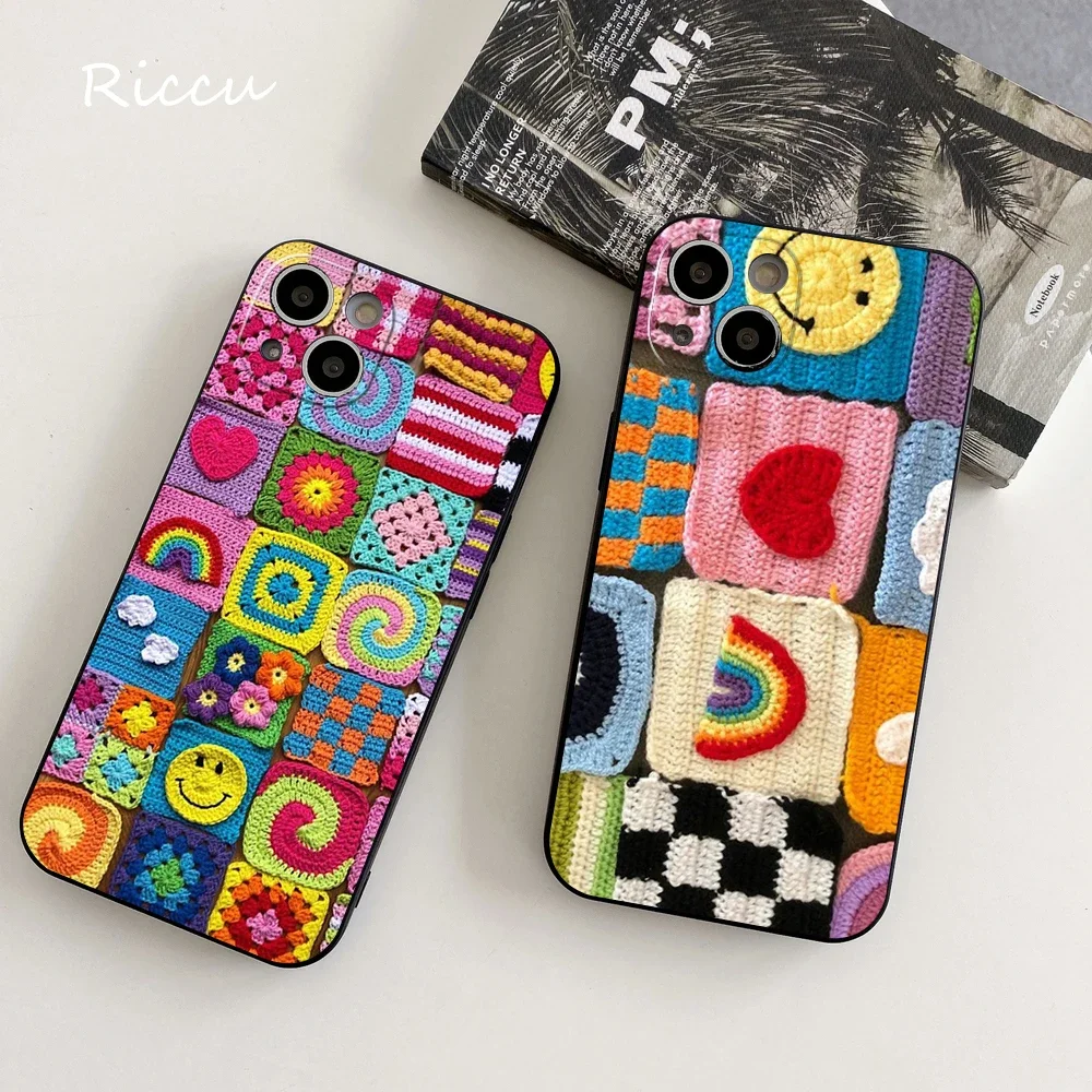 

FOR IPhone 14 Granny Square Crochet Soft Case for Iphone 15 14 11 12 Pro 8 7 14 15 Plus X 13 14 Pro MAX SE2020 XR XS Covers