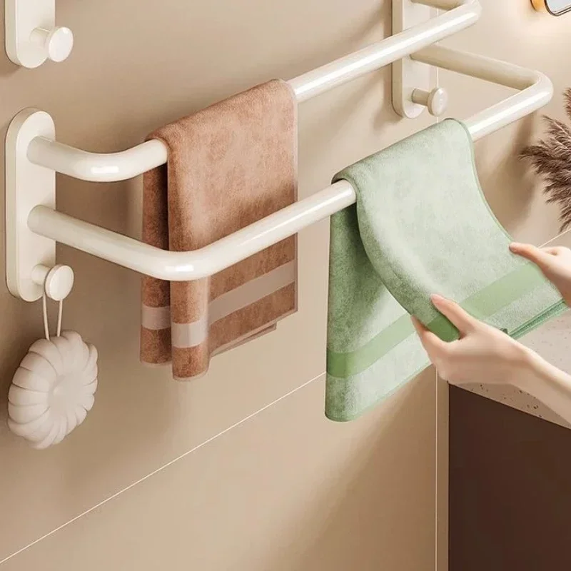 Cream Style Bathroom No-Punch Towel Bar Bathroom Wall Mounted Towel Rack Bath Towel Hanging Rack White Shelves