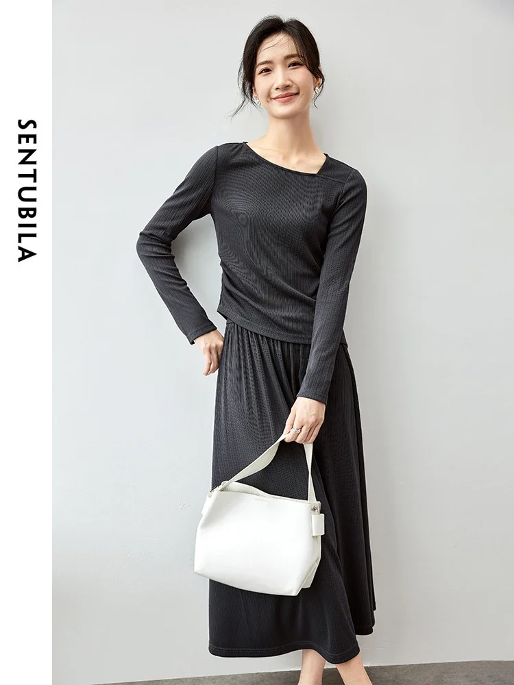 

SENTUBILA Women Knited 2 Piece Set 2025 Spring Asymmetric Skew Collar Top A Line Long Skirt New Matching Set 143Z56584