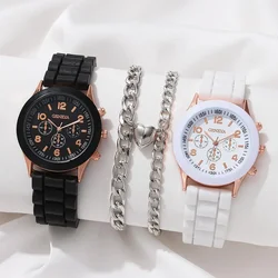 2 Black And White Rubber Straps Circular Dial Quartz Watch And 2 Combination Bracelets Suitable For Daily Life