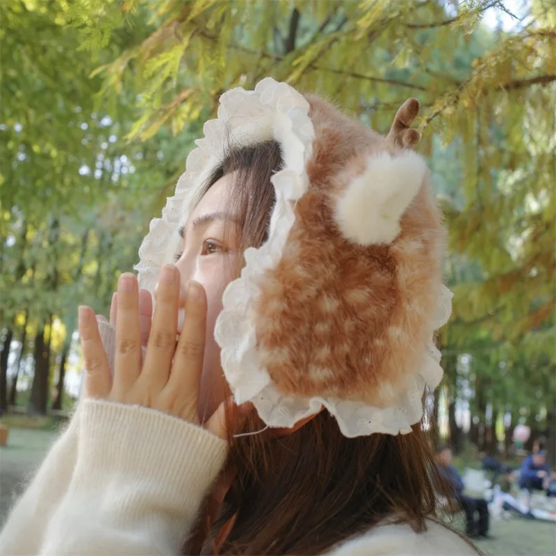 Christmas Mori Girl Deer-Print Faux Fur Scarf & Antler Headband Earmuffs 2-Piece Set for Women, Y2K Harajuku Winter Warm Set