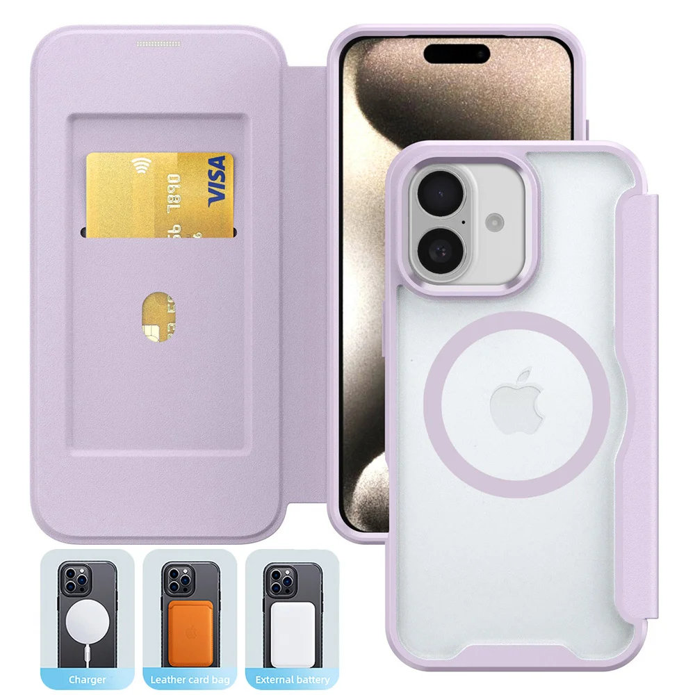 

Luxury Flip Slot Card Wallet Magnetic Phone Case For iPhone 15 16 13 14 17 Pro Max Air Plus Matte Translucent Shockproof Cover