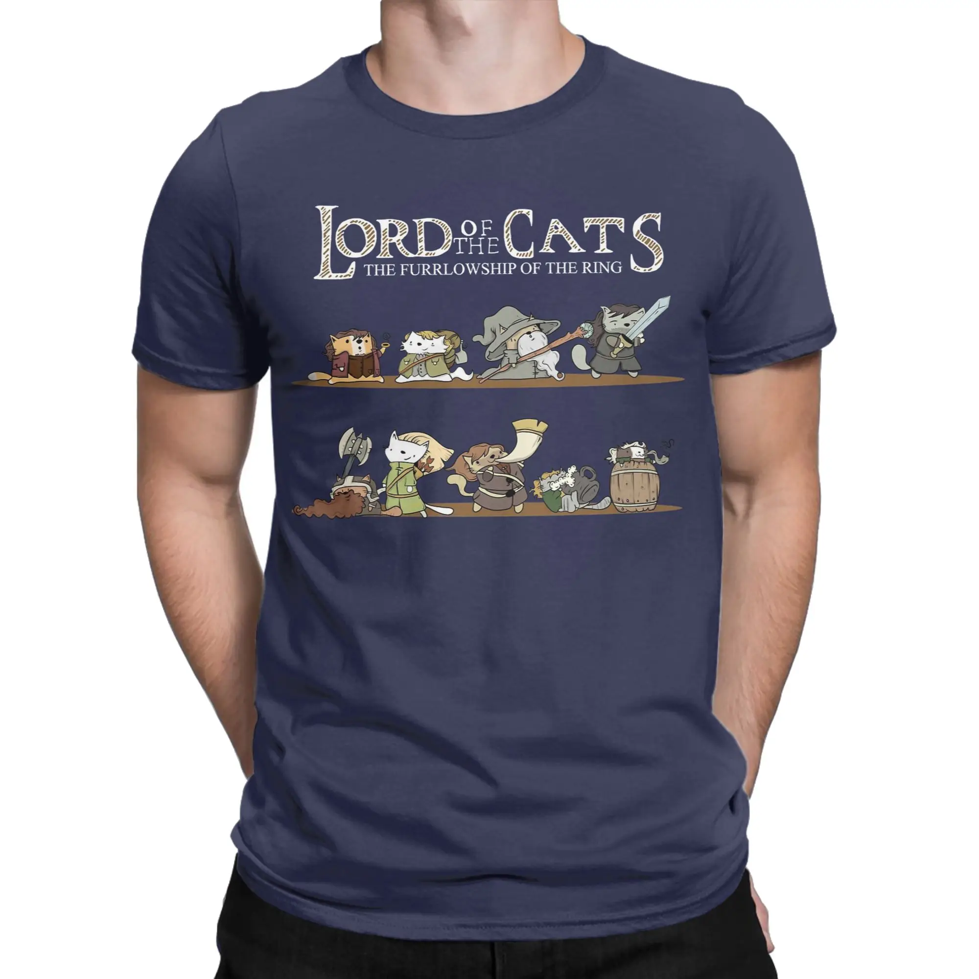 Men T-Shirt L-Lords Of The R-Rings Cats Furllowship Humorous Cotton Tee Shirt Short Sleeve  T Shirts Crew Neck Tops Original