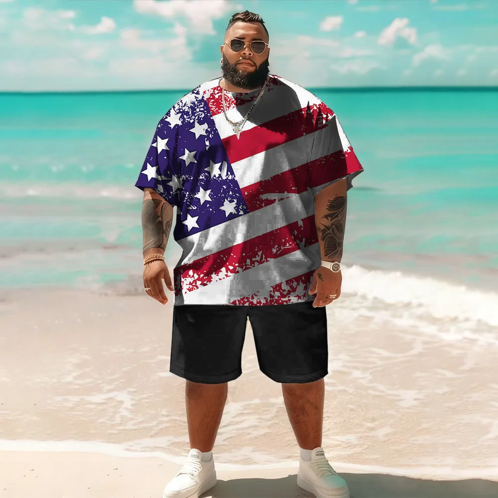 

S-9xl plus size Big & Tall Short Sleeve Set (Flag Element): - Durable Lightweight Material, Stylish Flag Print Details,