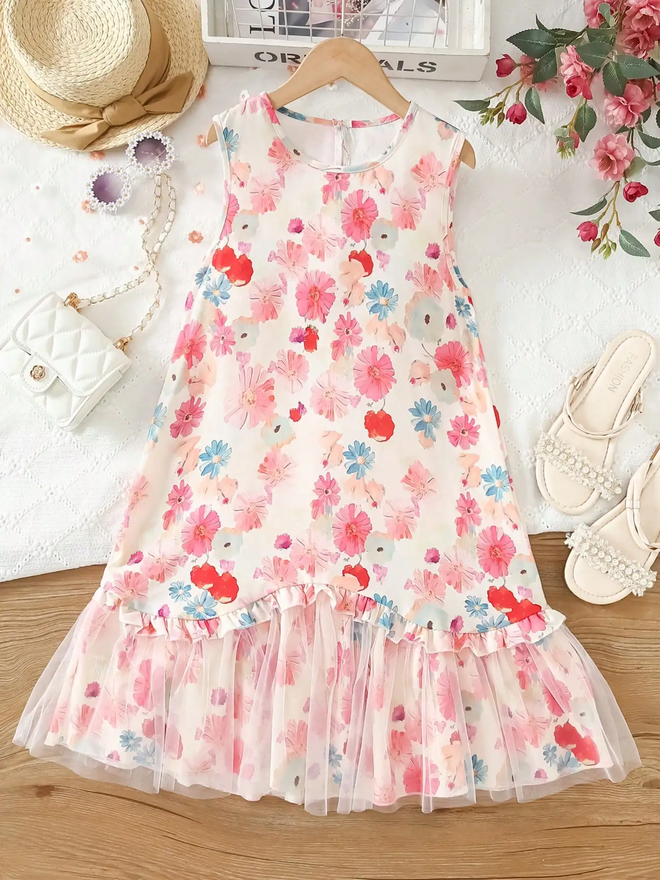 

Elegant Sleeveless Floral Print Mesh Hem Dress For Women