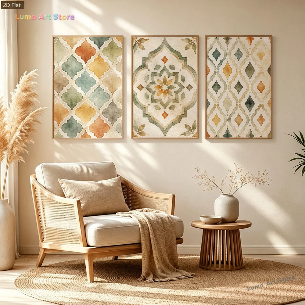 2D Flat, 2D Flat, 2D/Flat 3pcs Vintage Watercolor Moroccan Geometric Pattern Wall Art, Bohemian Style Canvas Print for Living
