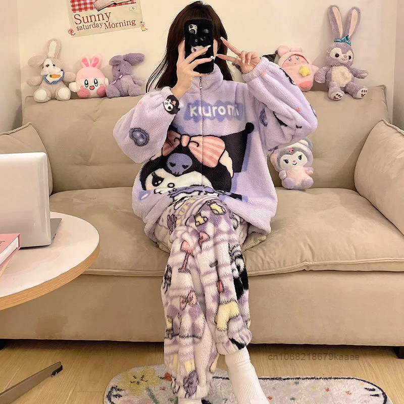 Cartoon Kuromi Coral Velvet Sleepwear Women\'s Winter New Plush Thickened Pajamas Cute Princess Style Home Clothes Two Piece Set