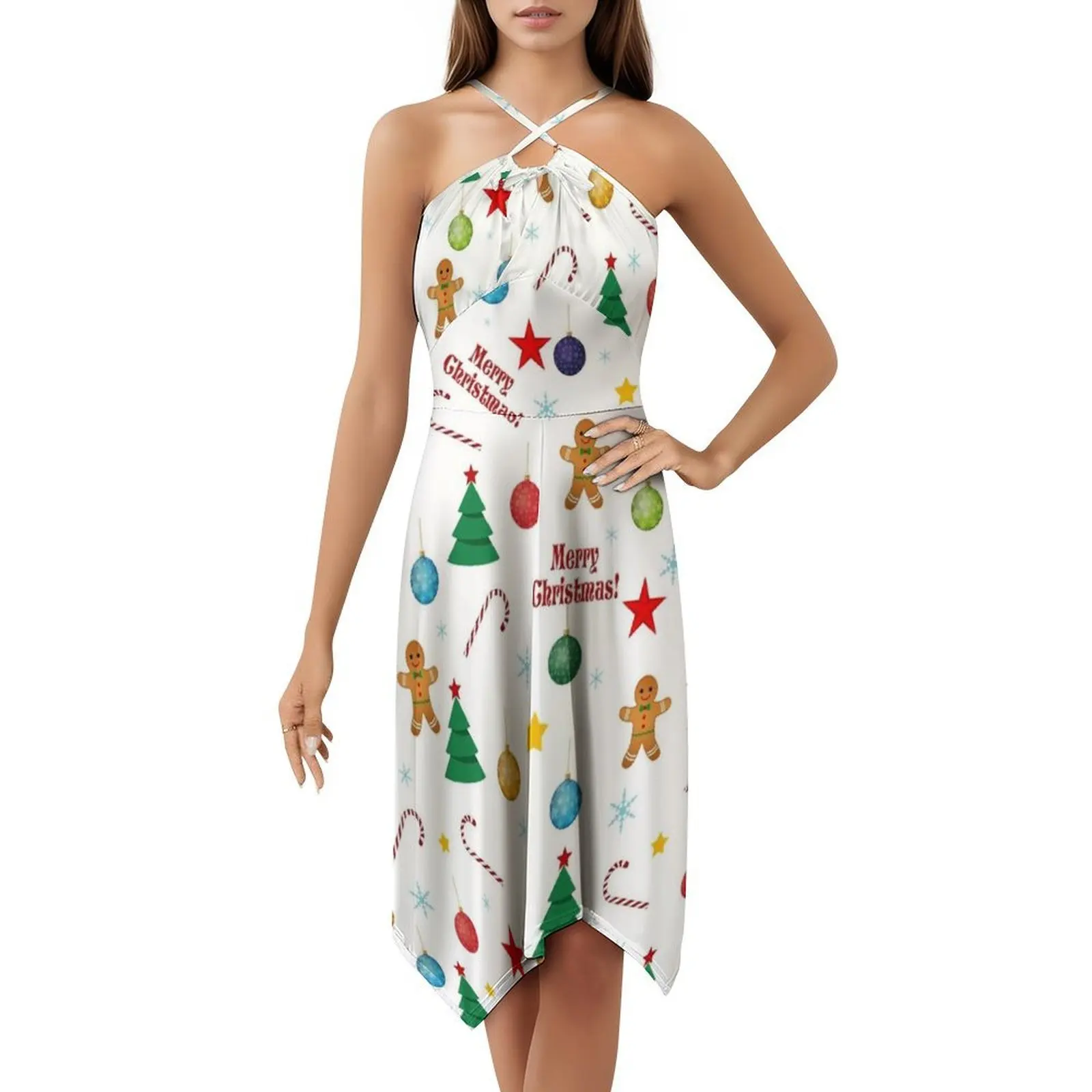 Vestido boêmio sem mangas com estampa de natal, multiimpressão, praia, férias, festa, santa anjo, sino, rena, vela, festa de doces