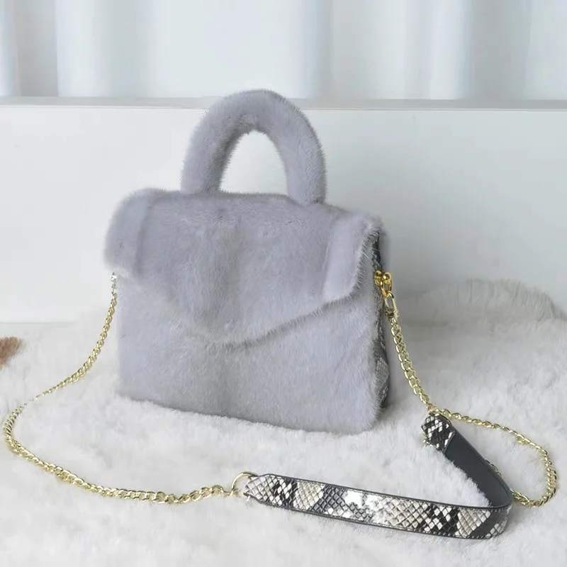 New Luxury Whole Mink Leather Handbag, Cowhide Snake Design Chain Crossbody Bag, Classic Soft Handle Furry Wrist Bag